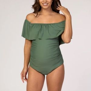 PinkBlush Olive Ruffle Trim Ruched Maternity Swimsuit